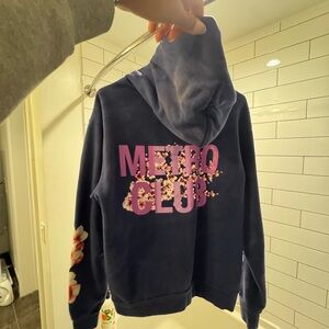 Blue Hoodie with Pink Cherry Blossom Metro Club Print